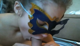 Masked girl giving astonishing deepthroat blowjob in real amateur sex clip